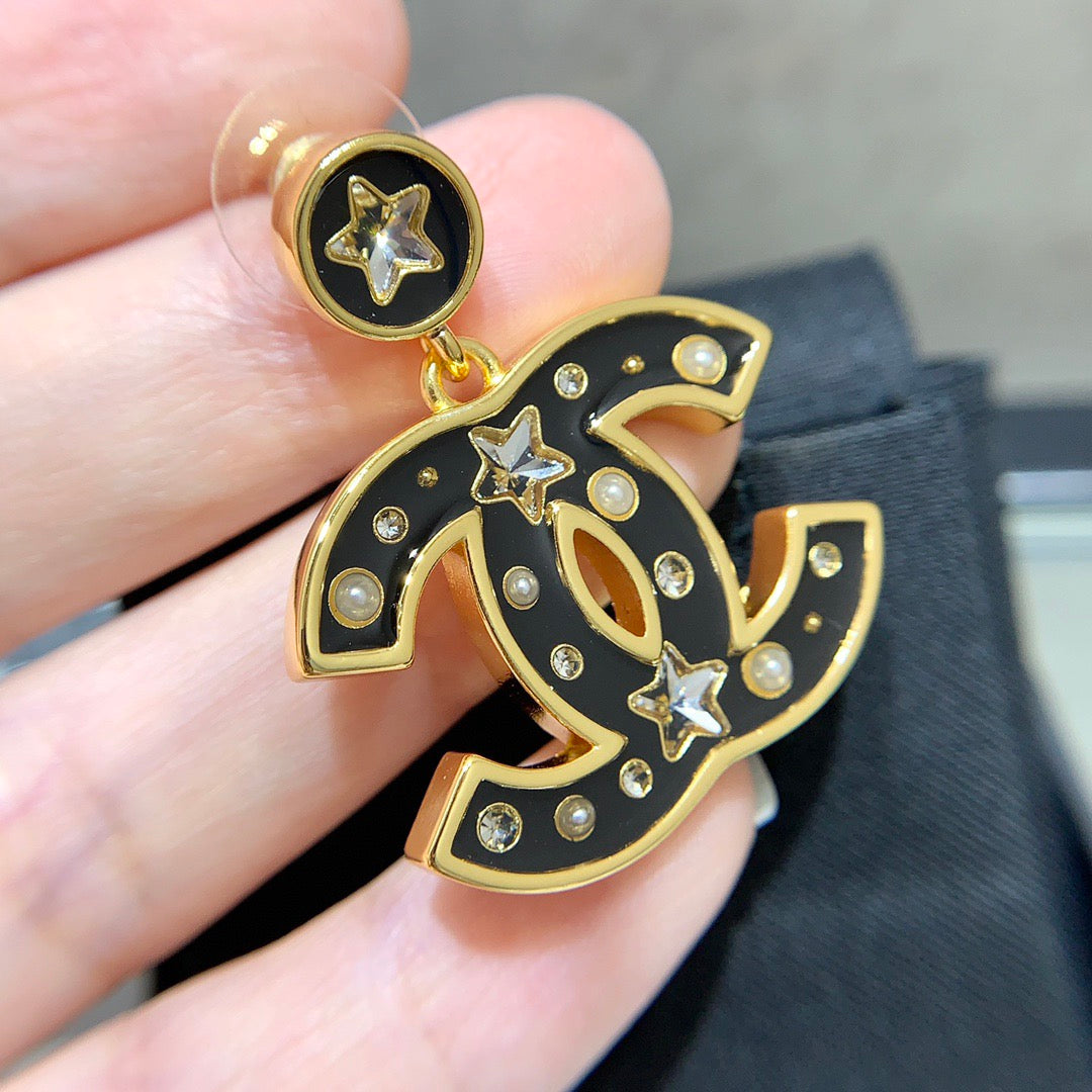 Chanel Black Enamel Five-Pointed Star Double C Stud Earrings