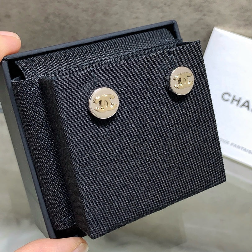 Chanel 2026 Light Gold Double C Silver Button Round Tag Earrings
