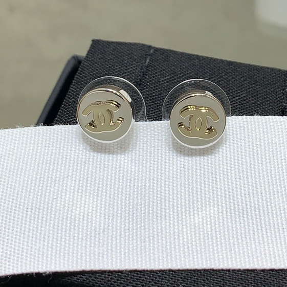 Chanel 2026 Light Gold Double C Silver Button Round Tag Earrings