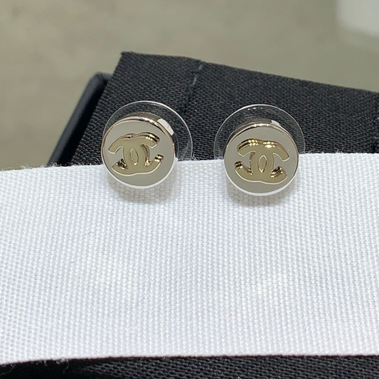 Chanel 2026 Light Gold Double C Silver Button Round Tag Earrings
