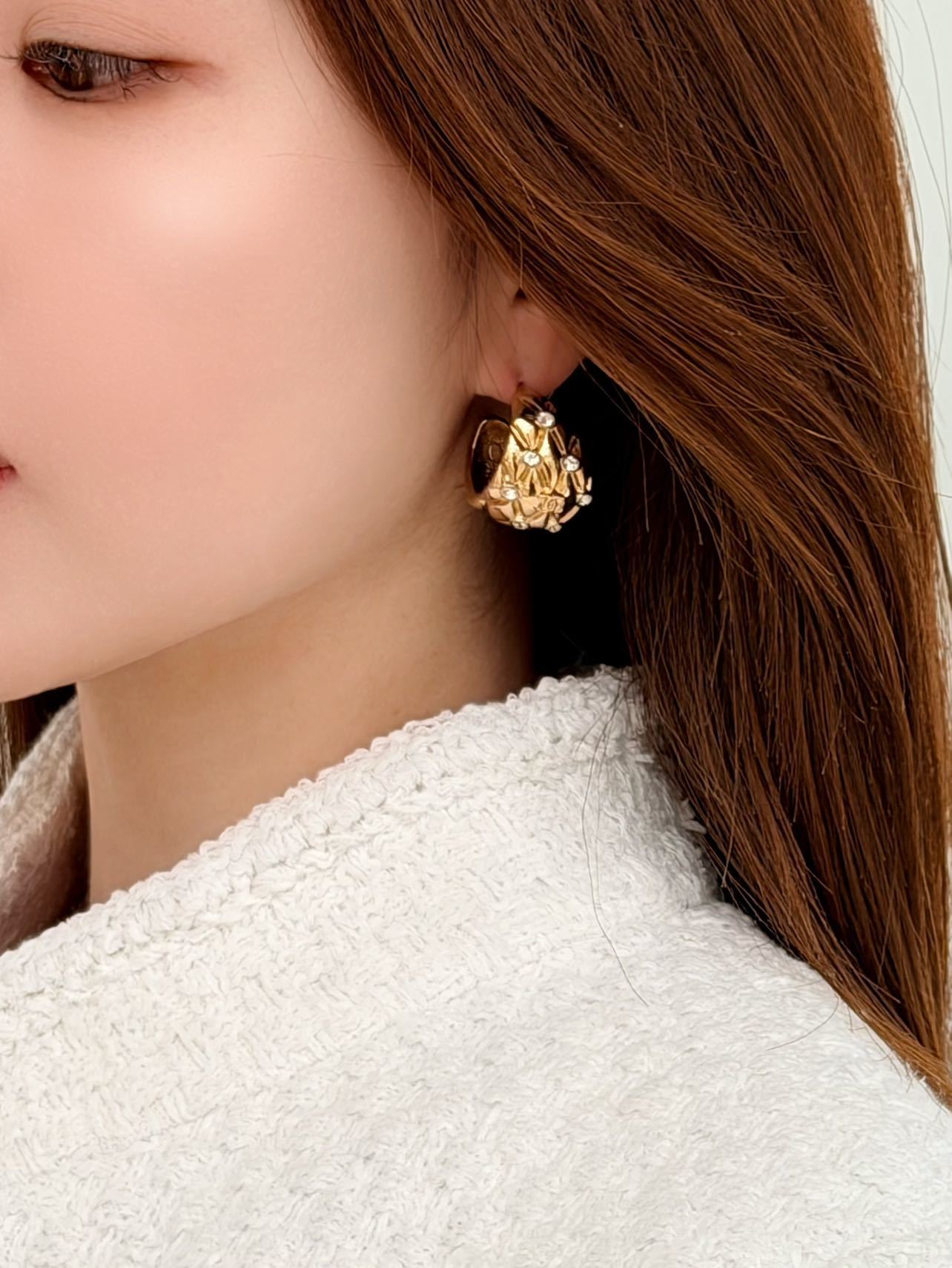 Chanel 2026 Gold Quilted Crystal Diamond Half-Hoop Earrings