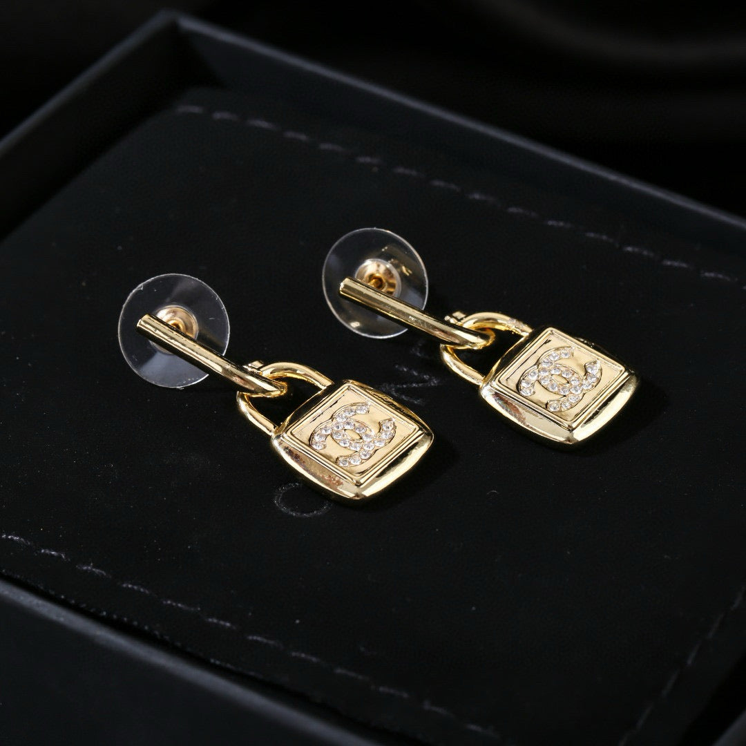 Chanel Lock Shaped Gold Diamond Earring