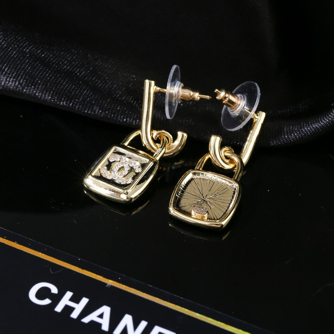 Chanel Lock Shaped Gold Diamond Earring
