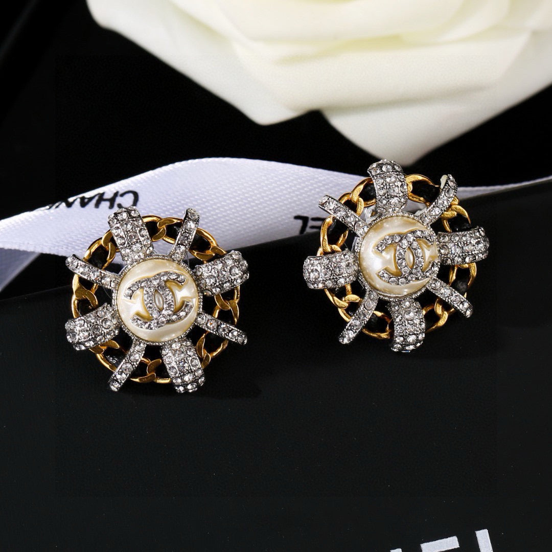 Chanel Mini Stud Sliver Gold Black Diamond Earring