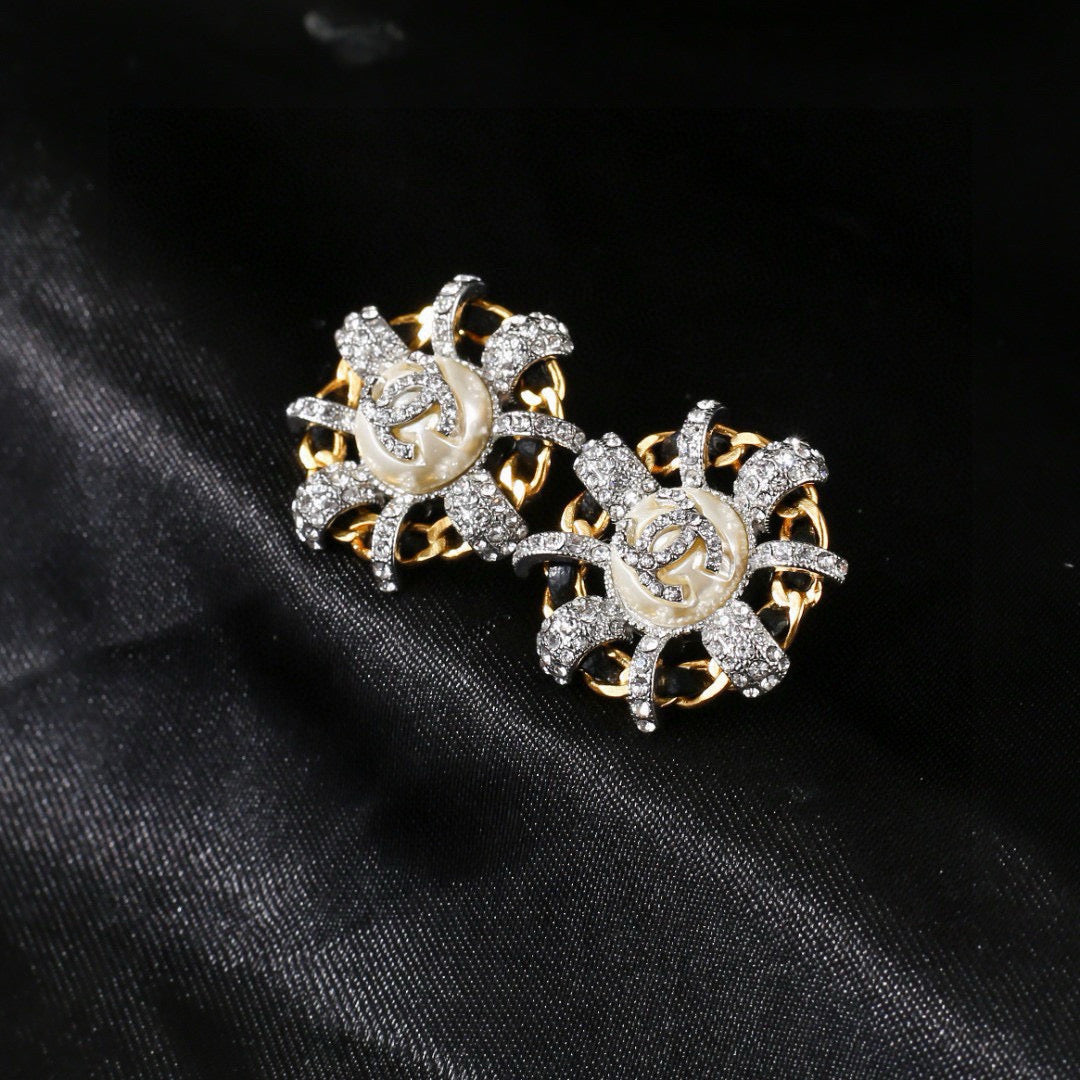 Chanel Mini Stud Sliver Gold Black Diamond Earring