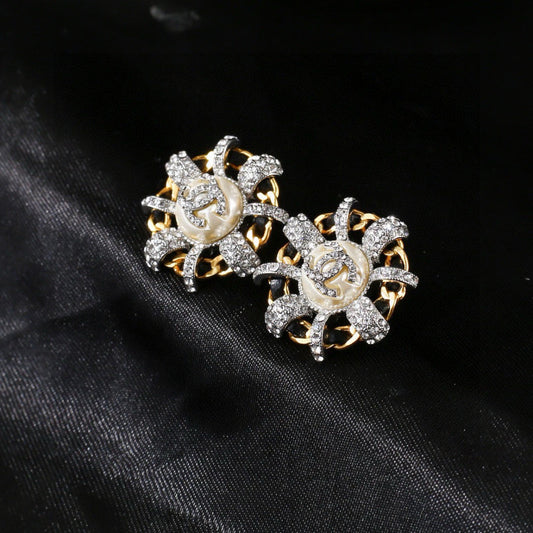Chanel Mini Stud Sliver Gold Black Diamond Earring