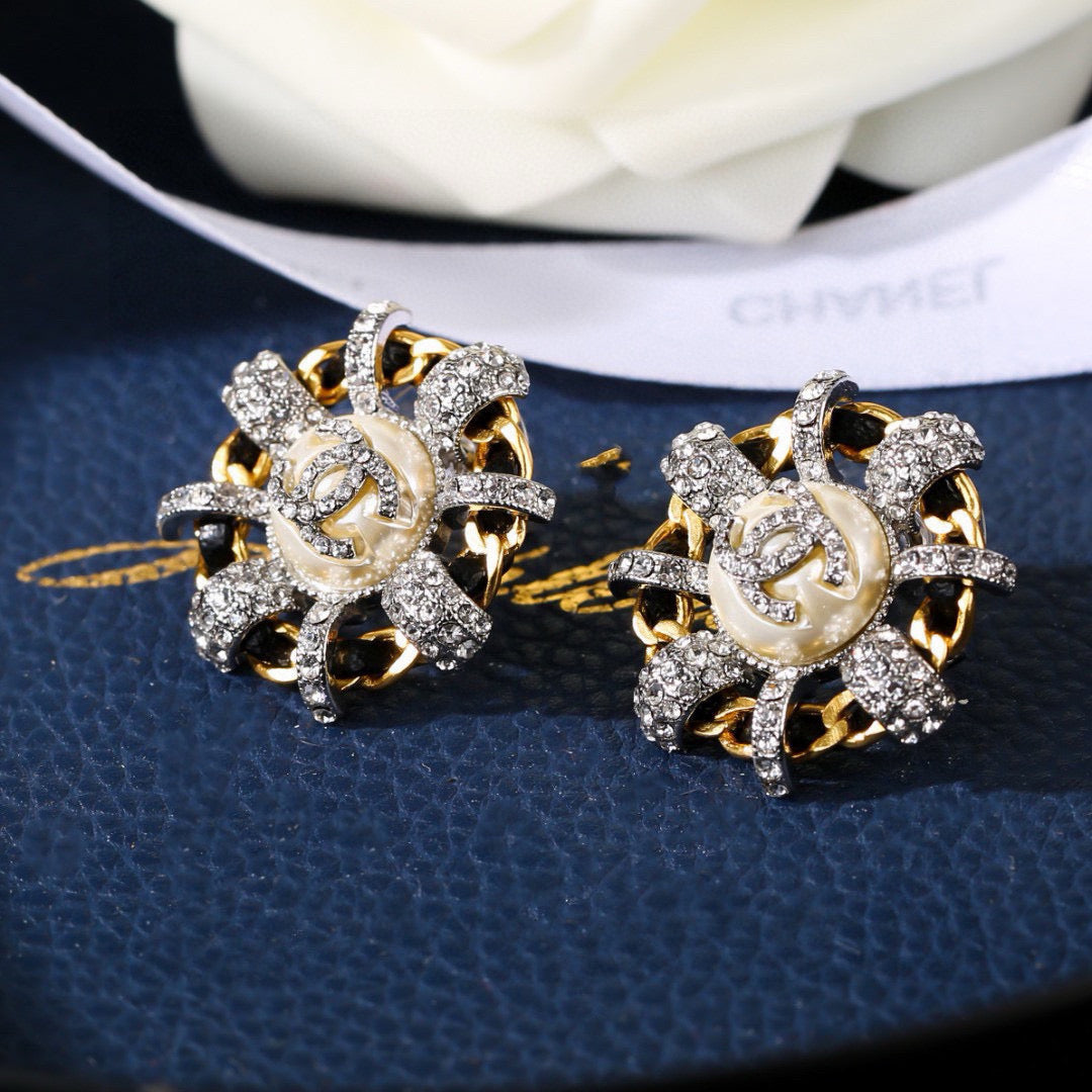 Chanel Mini Stud Sliver Gold Black Diamond Earring