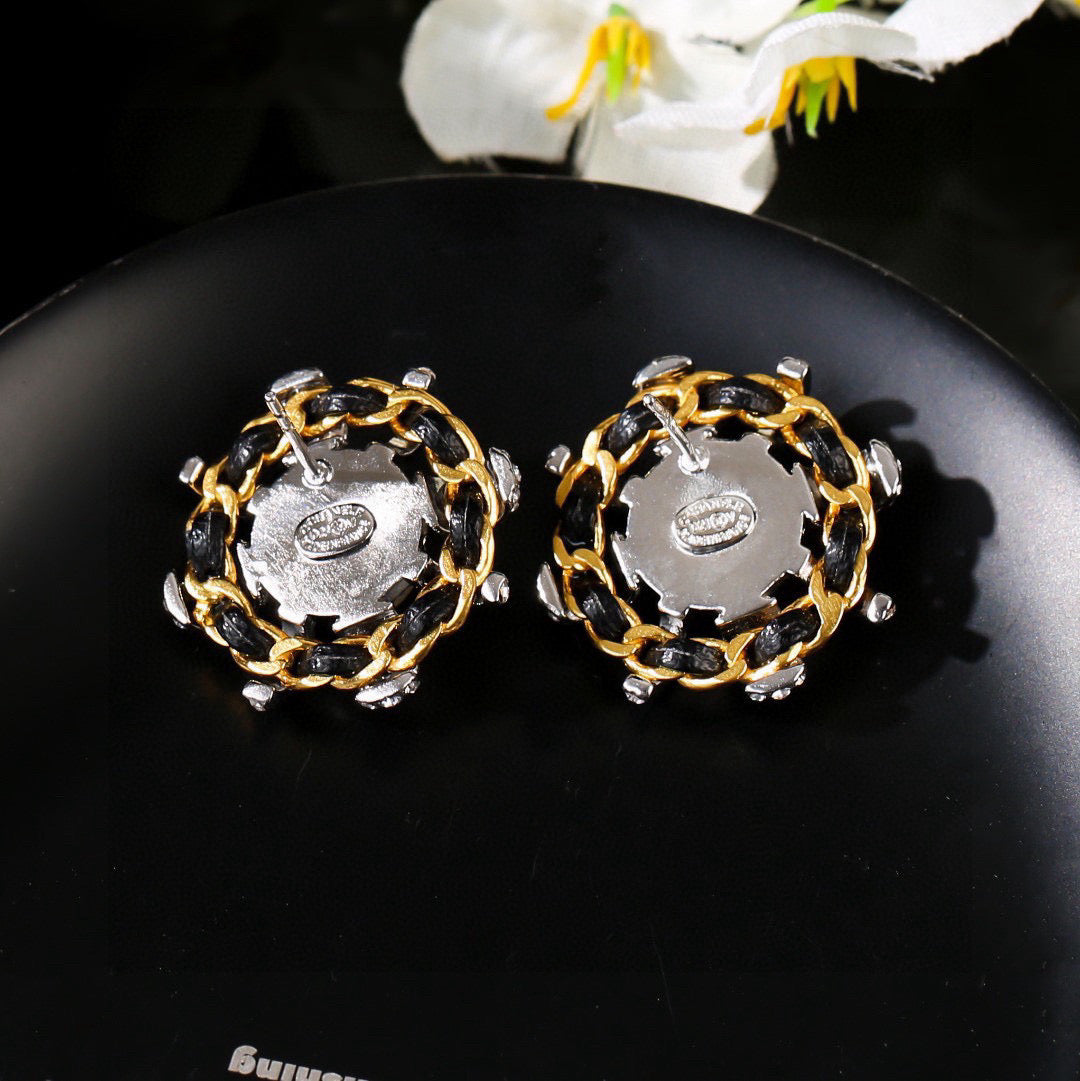 Chanel Mini Stud Sliver Gold Black Diamond Earring
