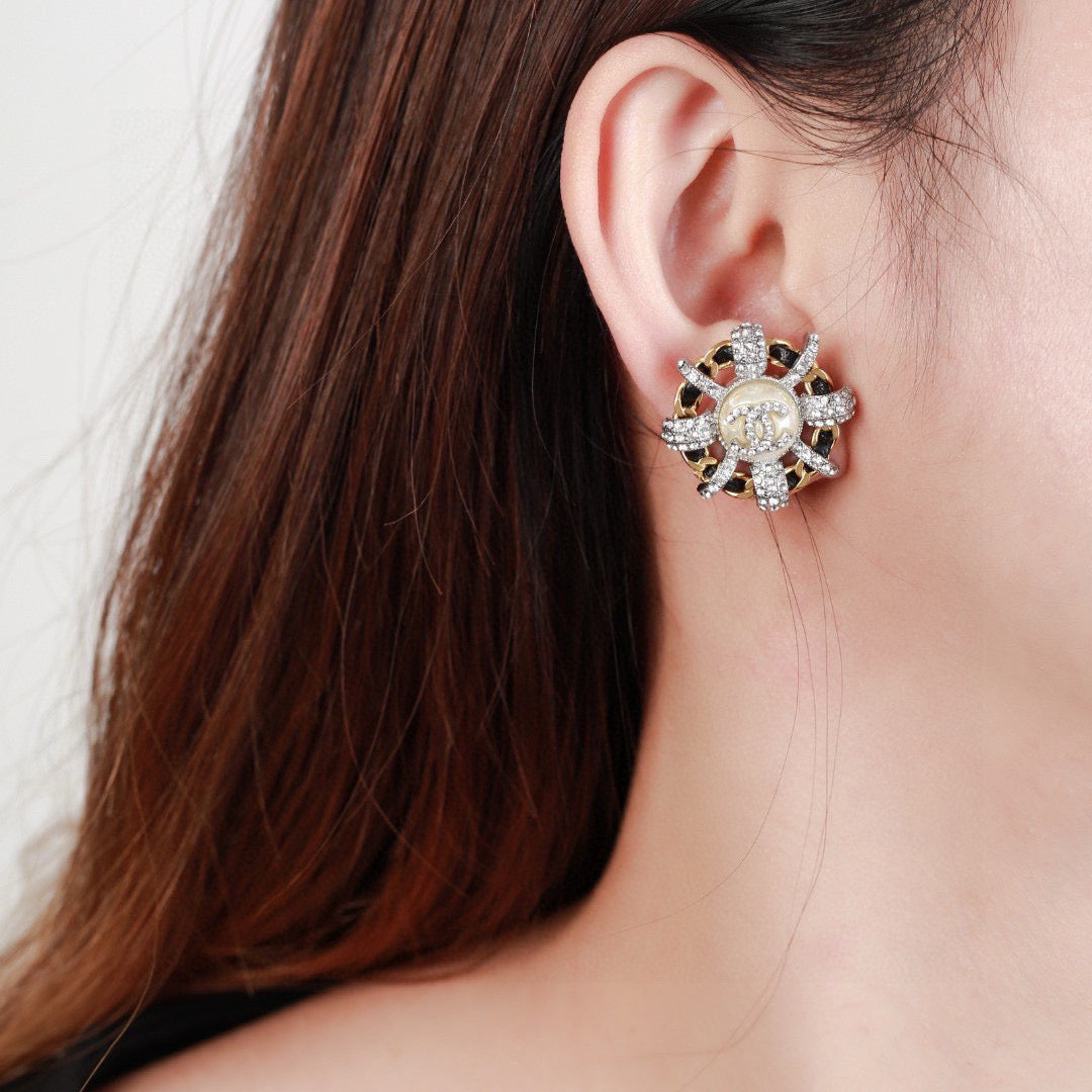 Chanel Mini Stud Sliver Gold Black Diamond Earring