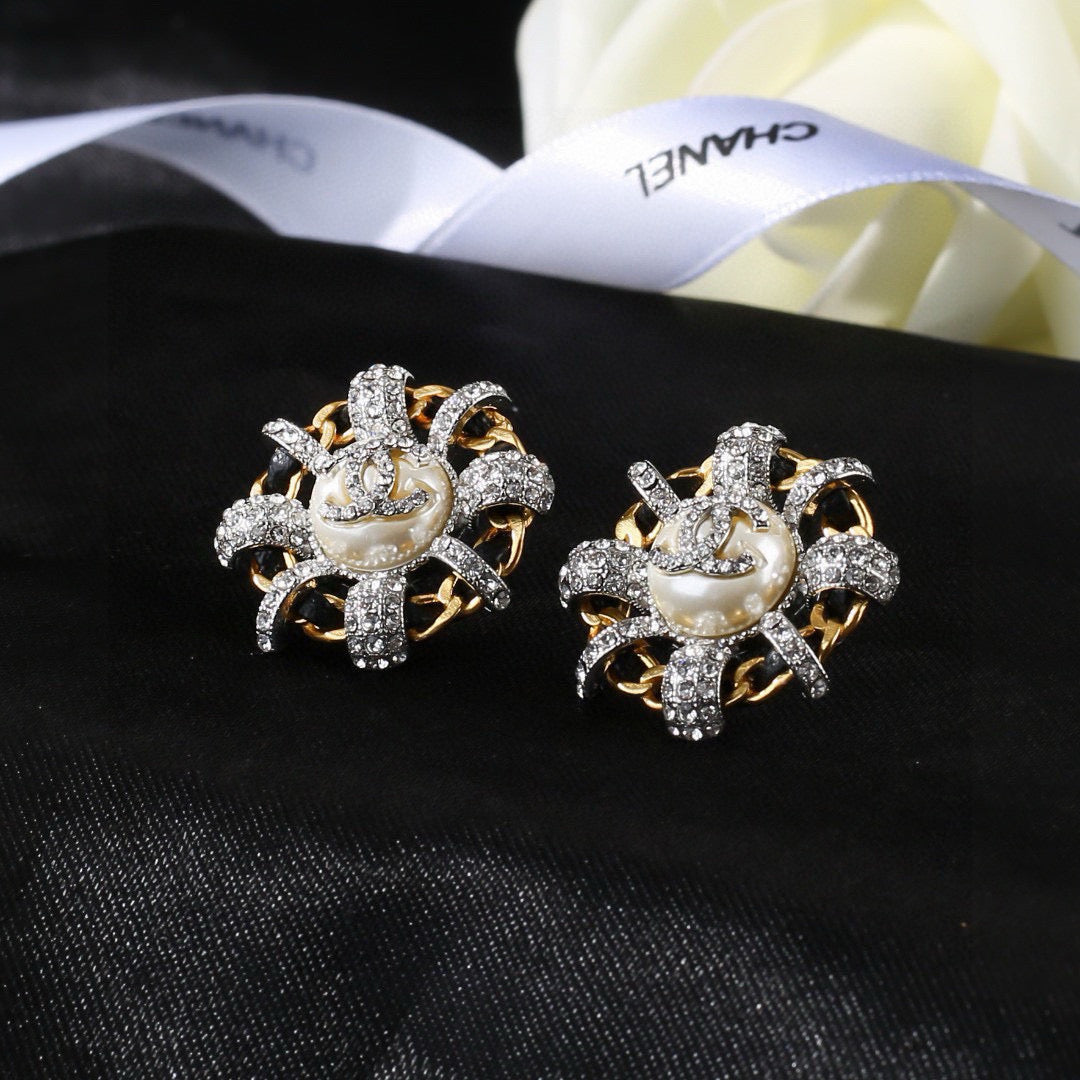 Chanel Mini Stud Sliver Gold Black Diamond Earring