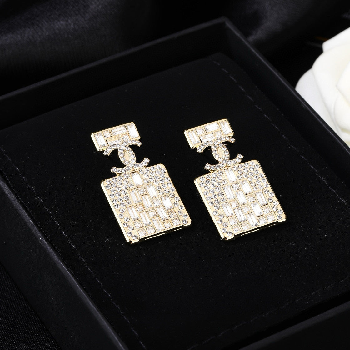 Chanel Perfume Bottle Gold Diamond Earrings