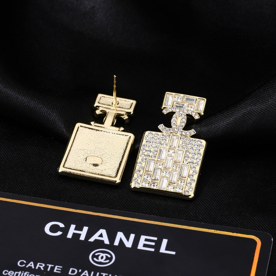 Chanel Perfume Bottle Gold Diamond Earrings
