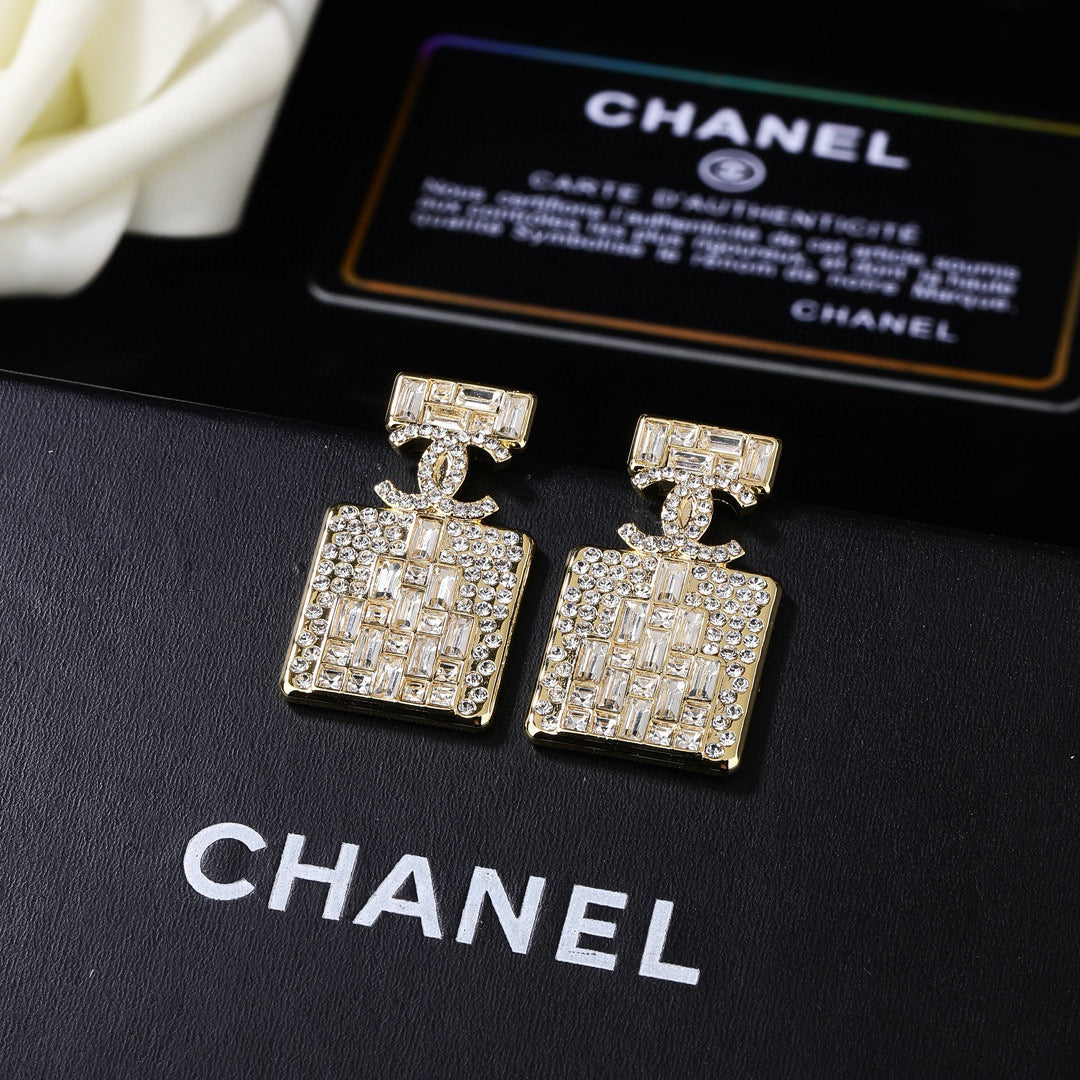 Chanel Perfume Bottle Gold Diamond Earrings