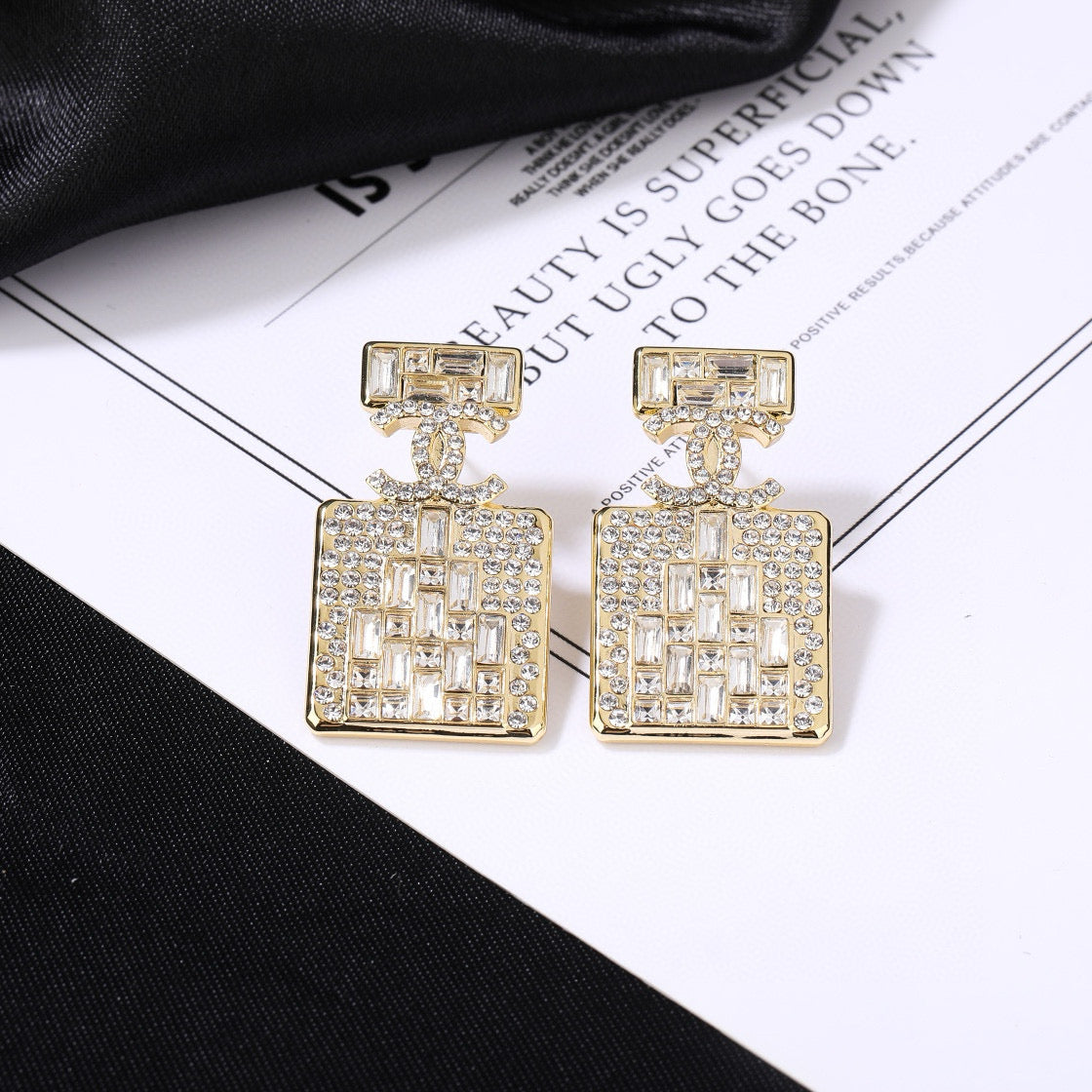 Chanel Perfume Bottle Gold Diamond Earrings