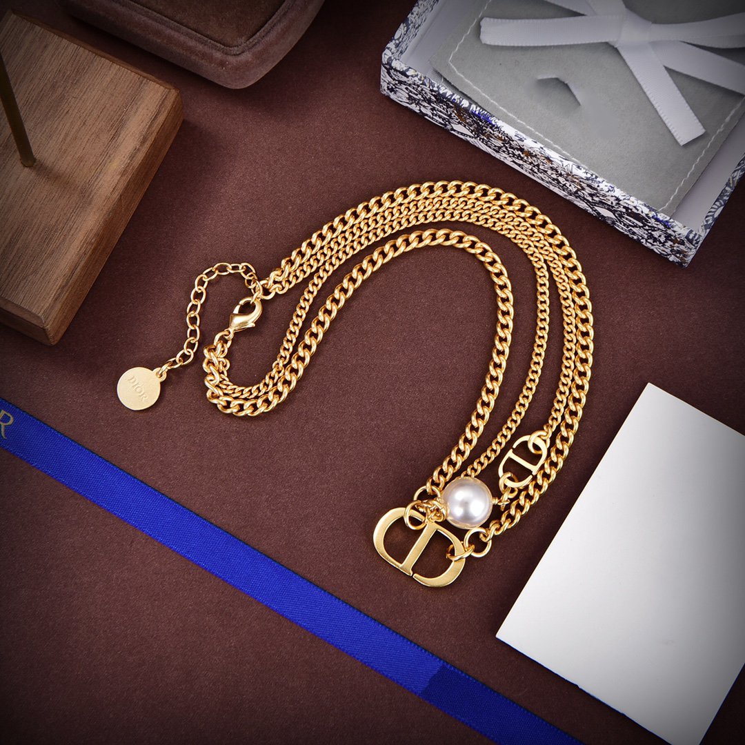 DIOR CD LOGO MOP GOLD DOUBLE CHAIN NECKLACE