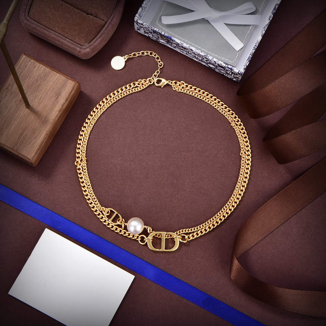 DIOR CD LOGO MOP GOLD DOUBLE CHAIN NECKLACE
