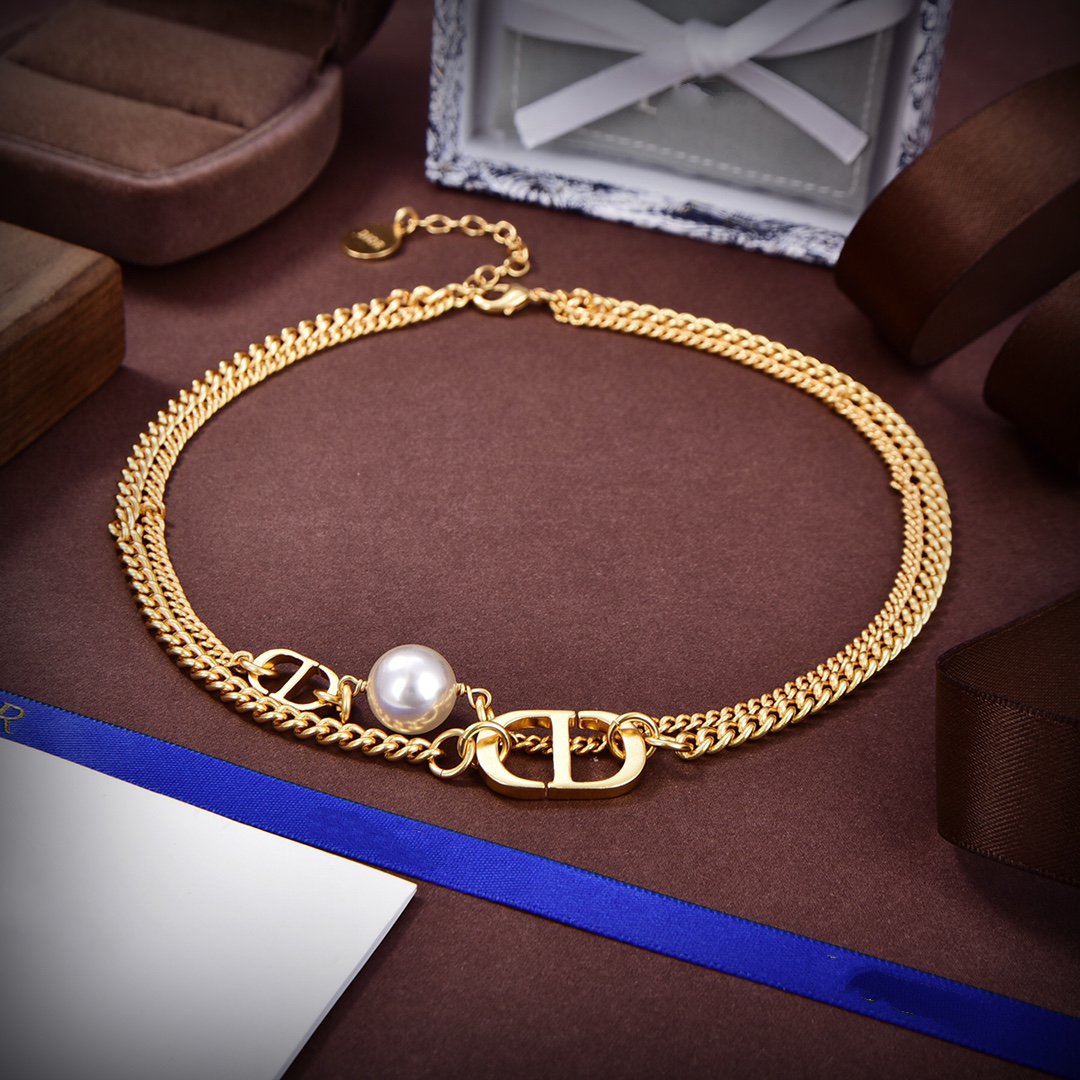 DIOR CD LOGO MOP GOLD DOUBLE CHAIN NECKLACE