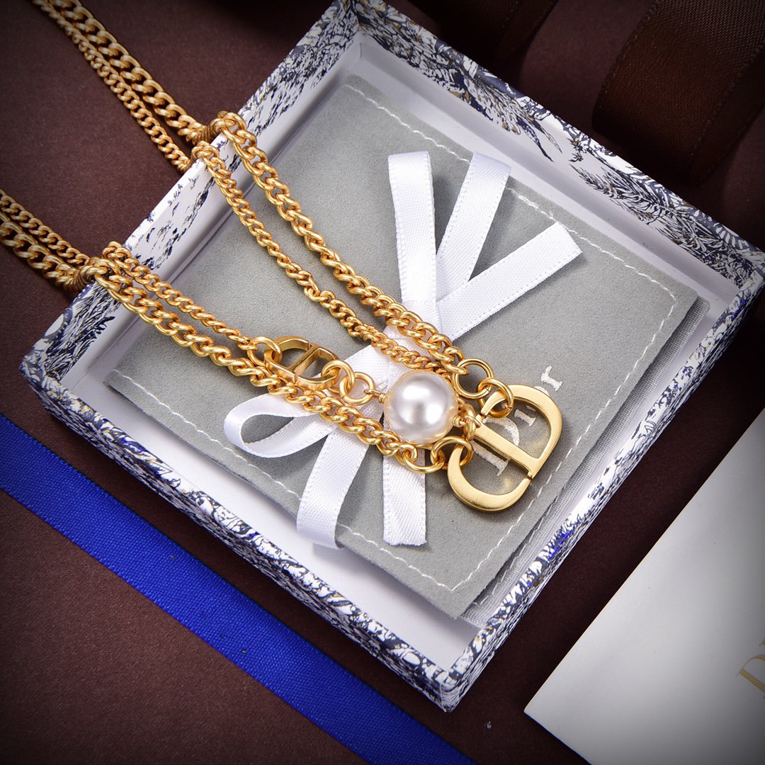 DIOR CD LOGO MOP GOLD DOUBLE CHAIN NECKLACE