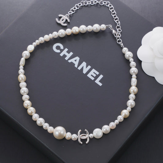 Chanel 2026 Freshwater Pearl Silver Double C Short Necklace Choker