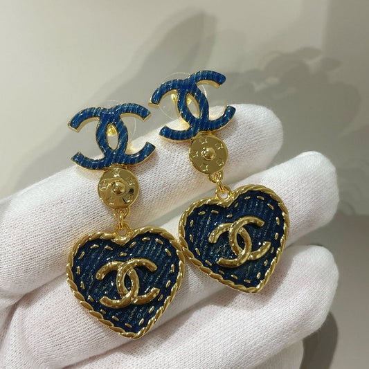 Chanel Heart Blue Denim Drop Earrings