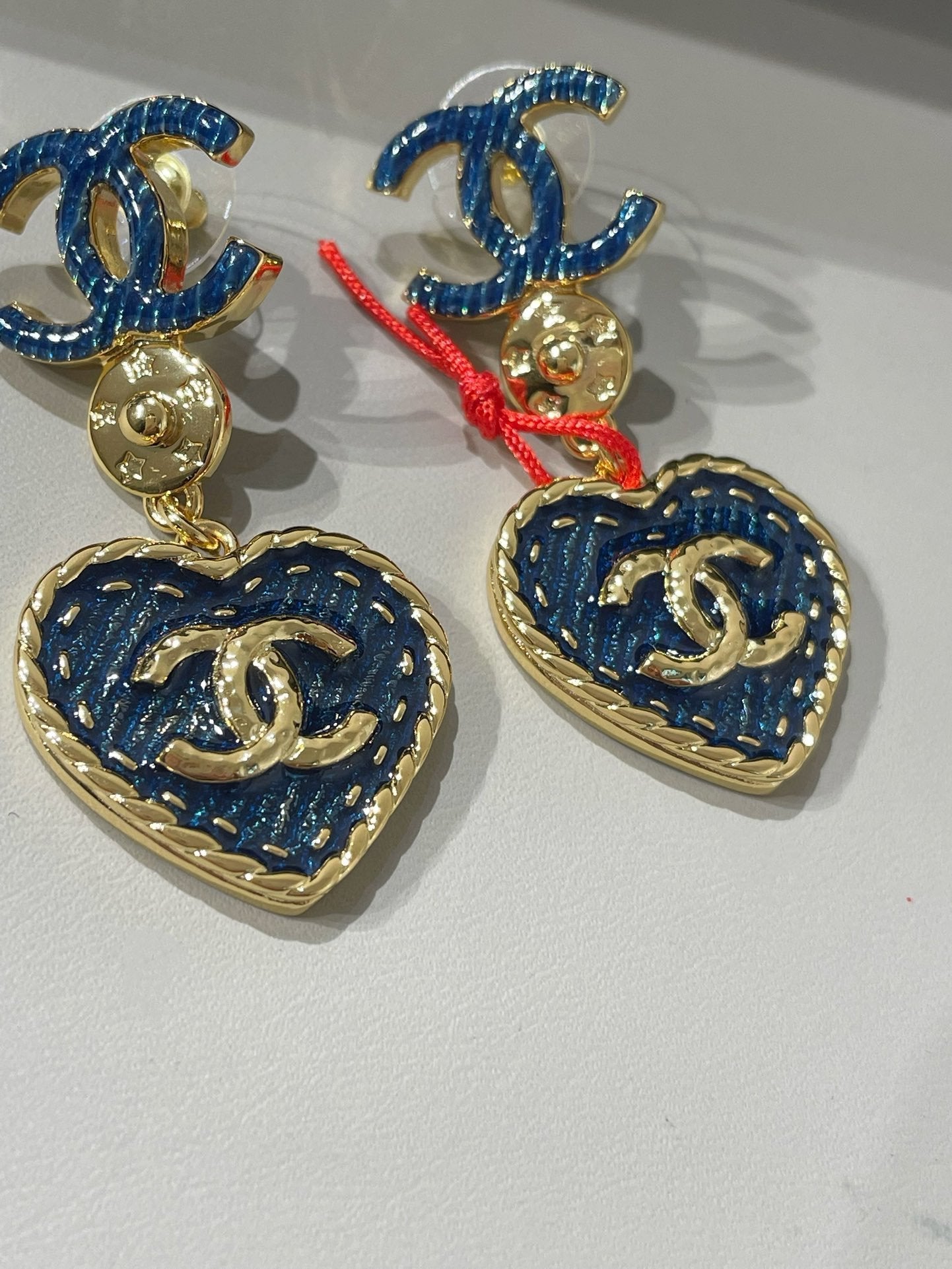 Chanel Heart Blue Denim Drop Earrings