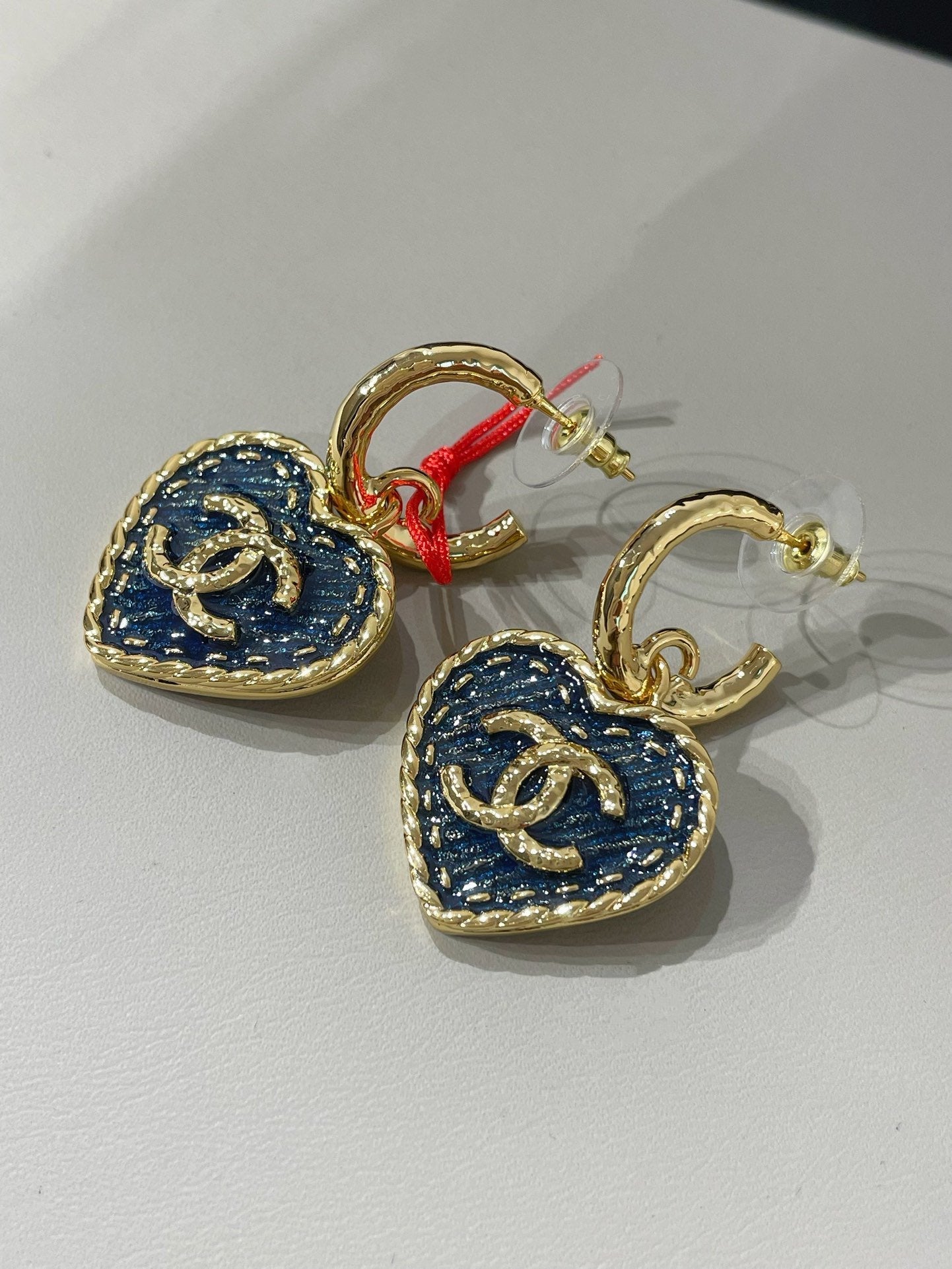 Chanel Heart Blue Denim Light Gold Hoop Earrings