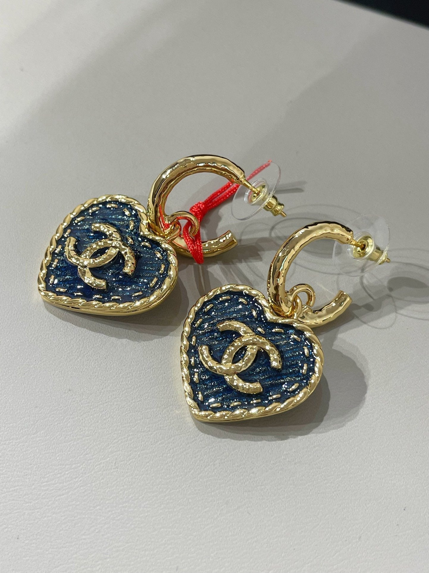 Chanel Heart Blue Denim Light Gold Hoop Earrings