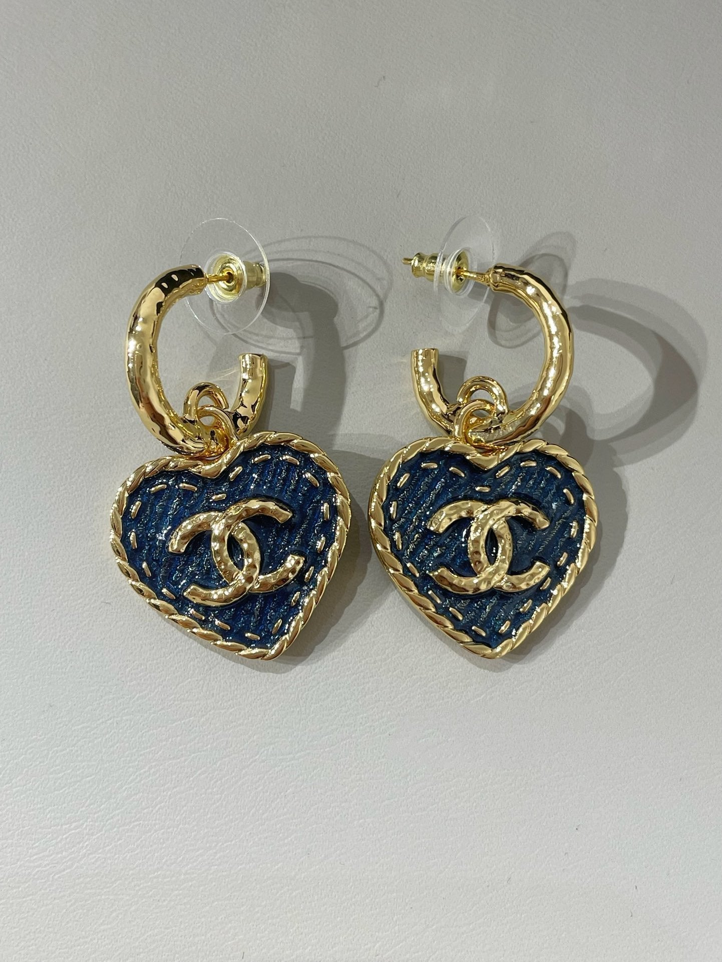 Chanel Heart Blue Denim Light Gold Hoop Earrings