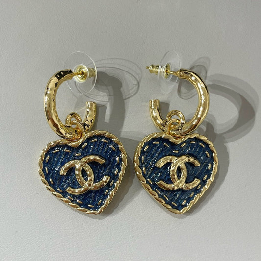 Chanel Heart Blue Denim Light Gold Hoop Earrings