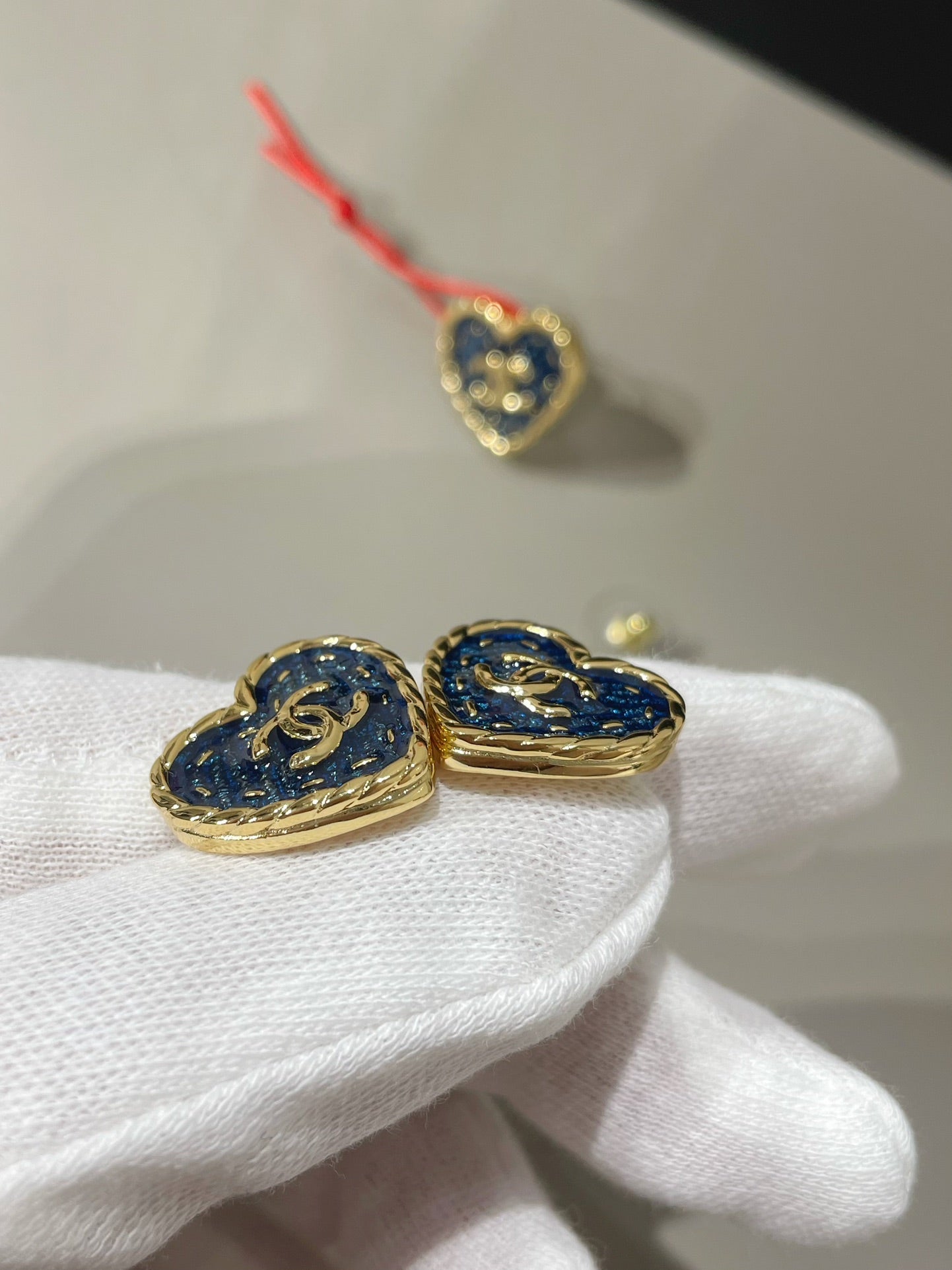 Chanel 24P Heart Blue Denim Stud Earrings