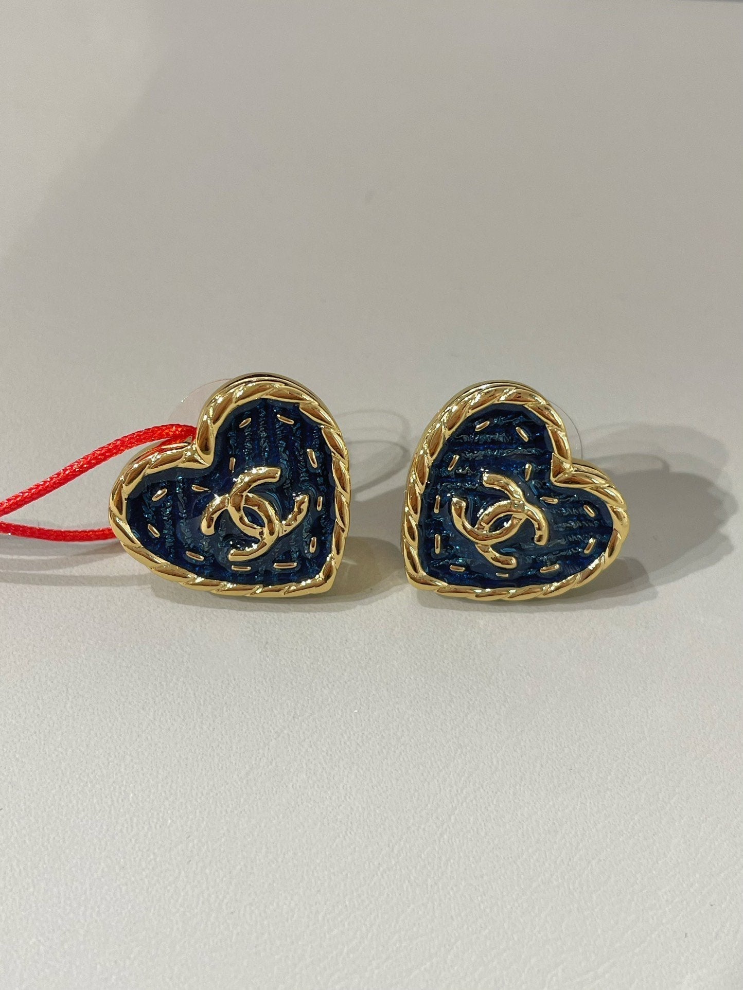 Chanel 24P Heart Blue Denim Stud Earrings
