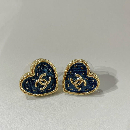 Chanel 24P Heart Blue Denim Stud Earrings