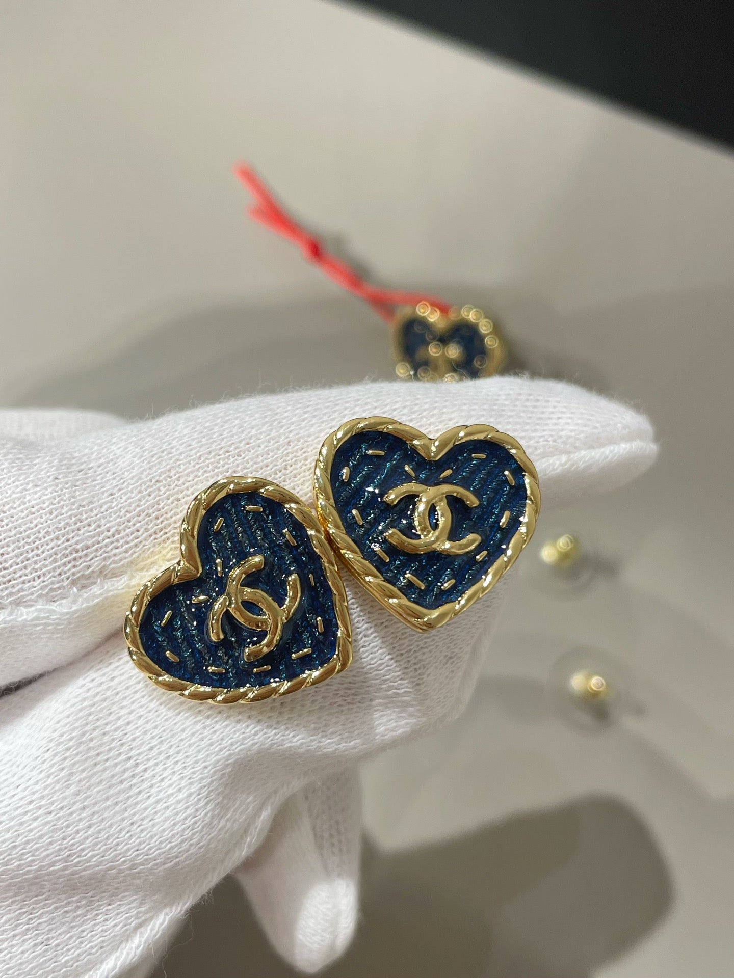 Chanel 24P Heart Blue Denim Stud Earrings