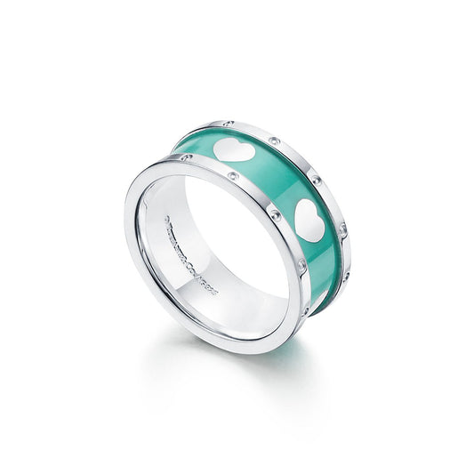 TIFFANY HEART BLUE ENAMEL SILVER RING