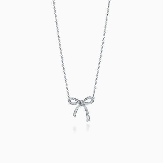 TIFFANY RIBBON NECKLACE BOW PENDANT DIAMOND CHARM CHAIN