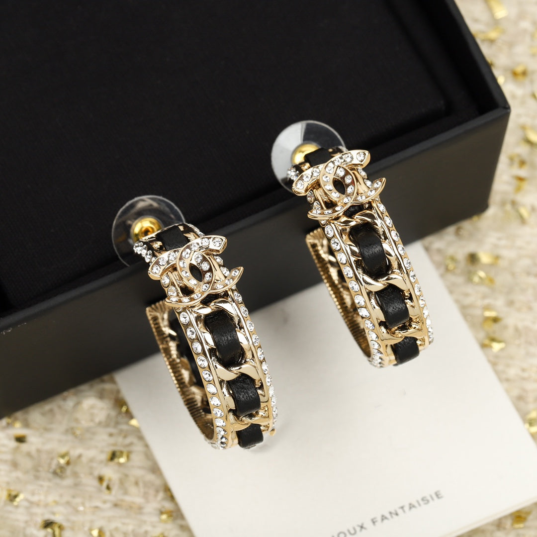 Chanel Double C Gold Leather Curved Hook Stud Earrings
