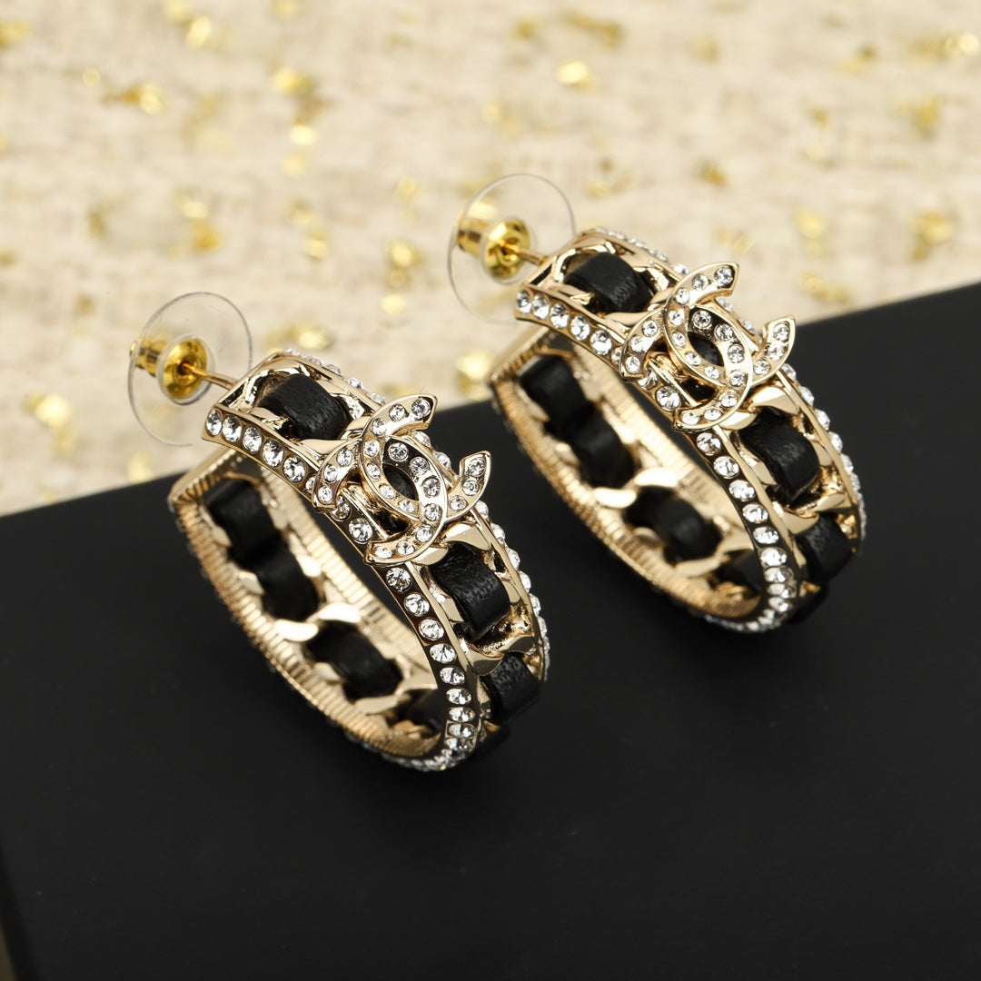 Chanel Double C Gold Leather Curved Hook Stud Earrings