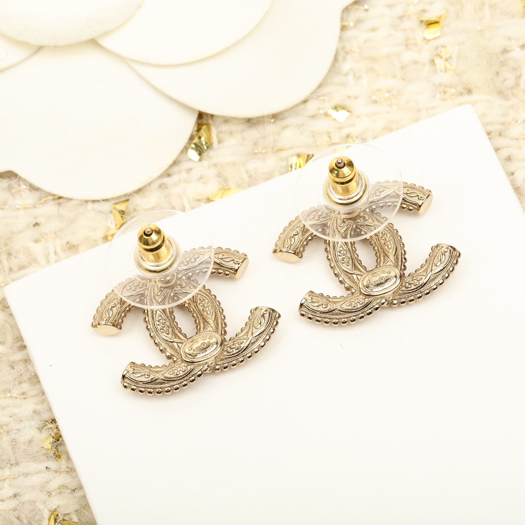 Chanel Double C Logo Gold Stud Earrings