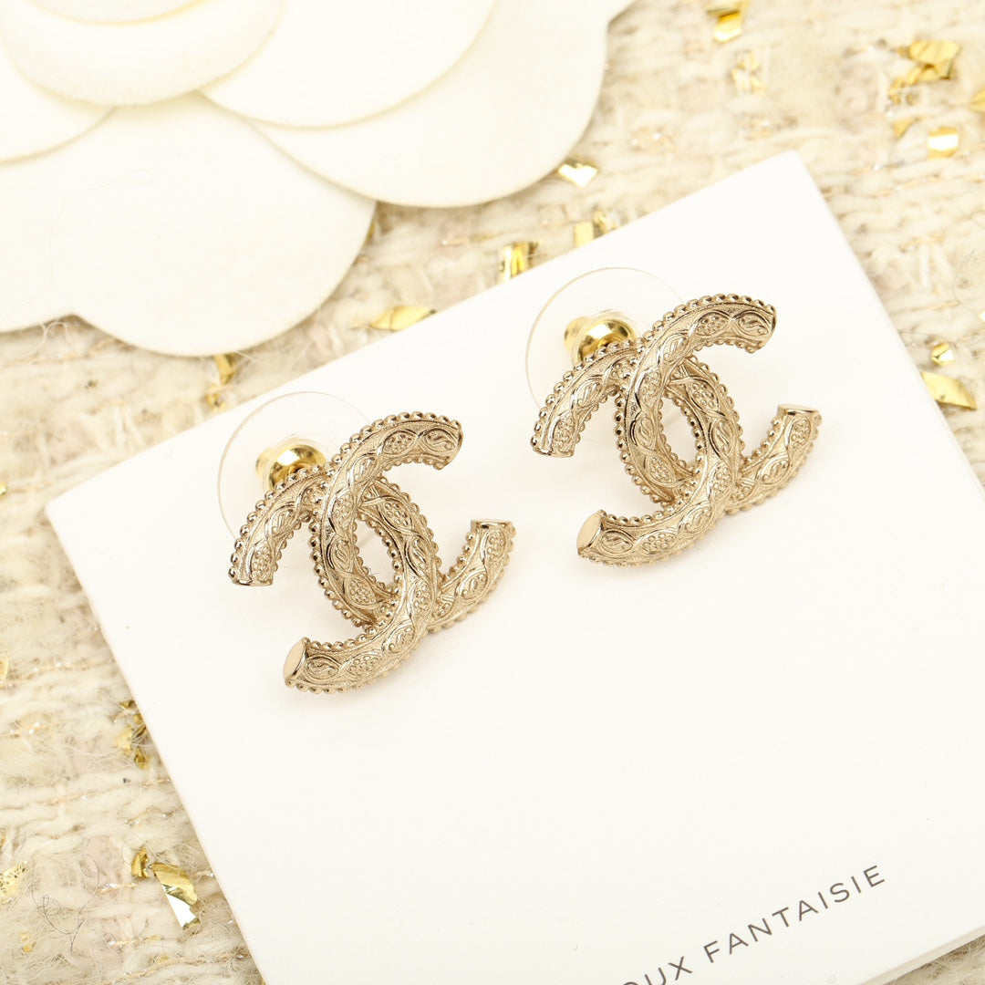 Chanel Double C Logo Gold Stud Earrings