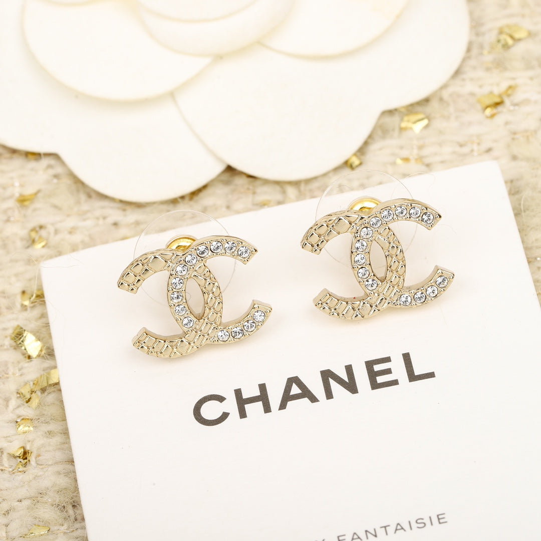 Chanel Double C Half Diamonds Gold Earrings
