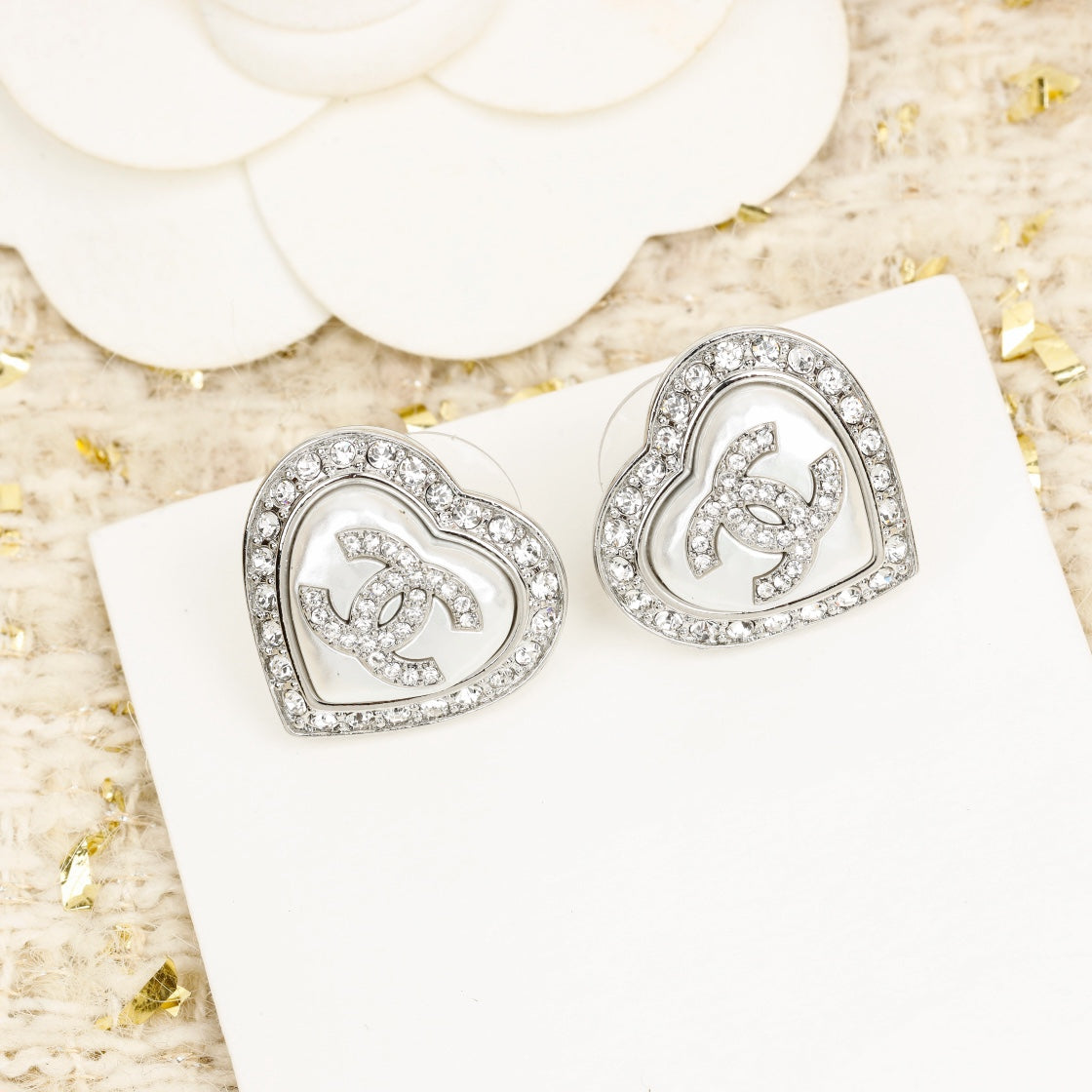 Heart Chanel Diamonds Around Stud Silver Earrings