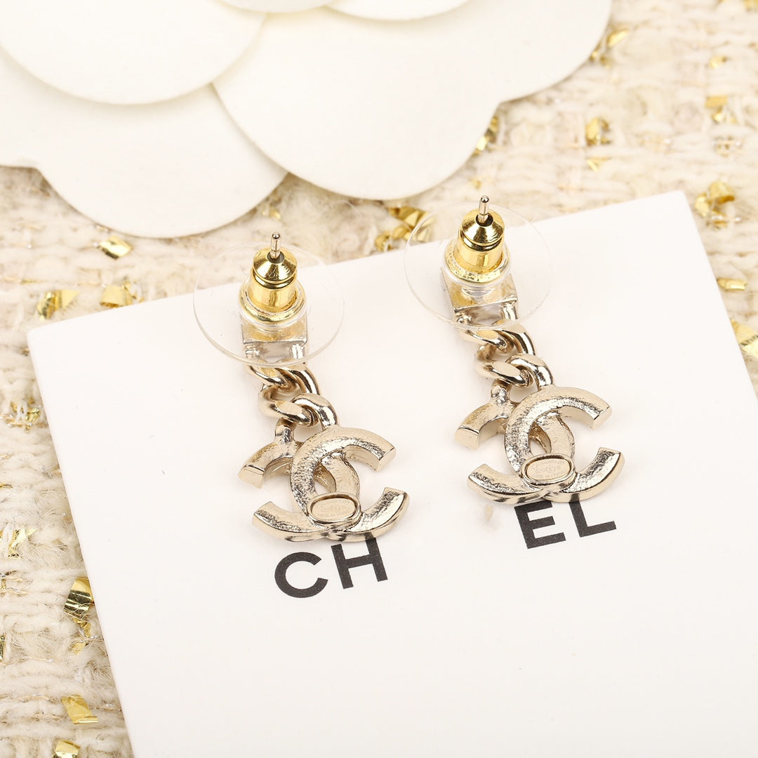 Chanel Double C Gold Diamonds Drop Earrings