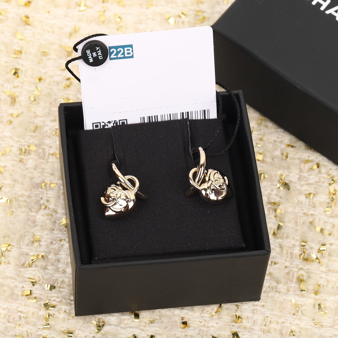Chanel Double C Drop Heart Gold Earrings