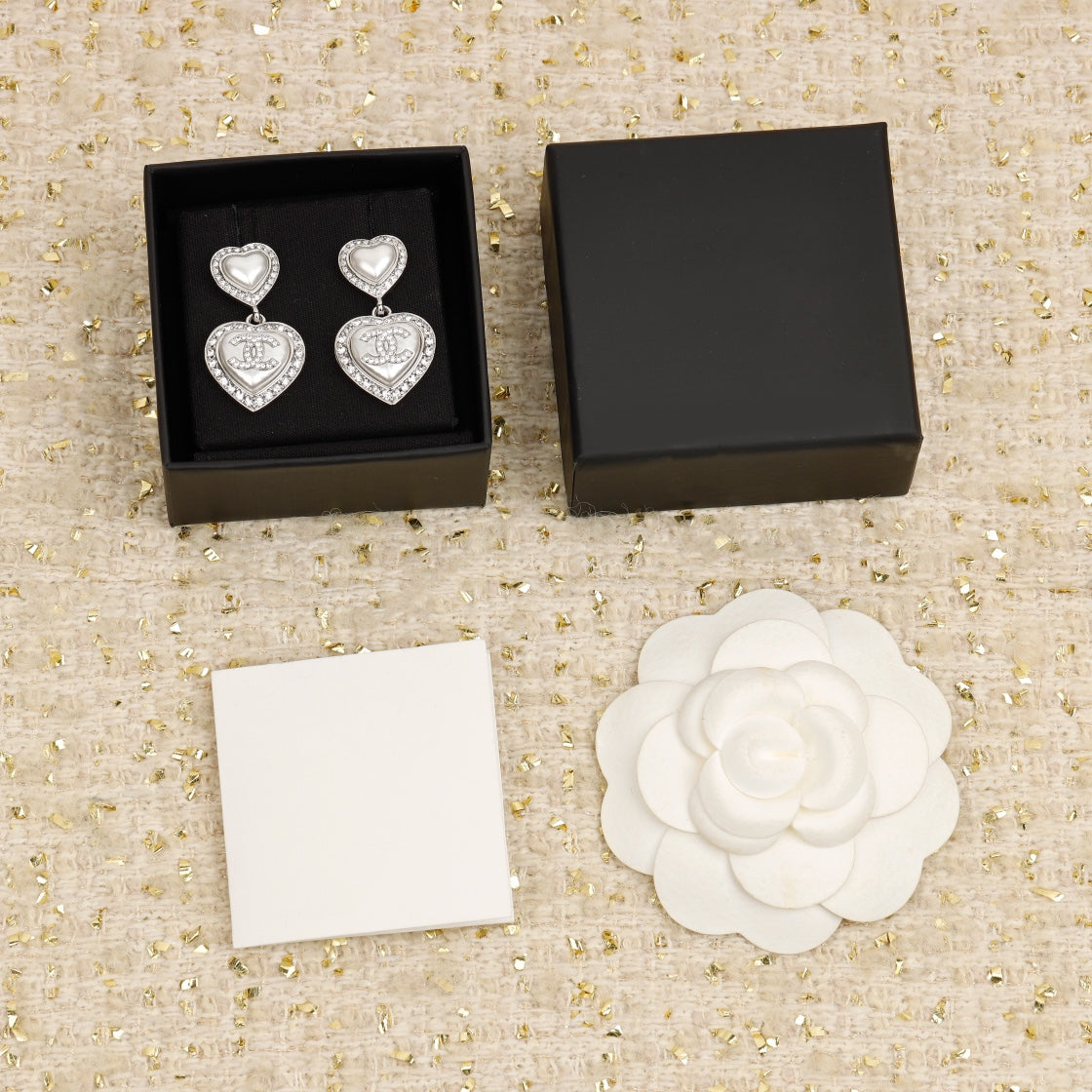 Chanel Double Heart Chanel Diamonds Silver Earrings