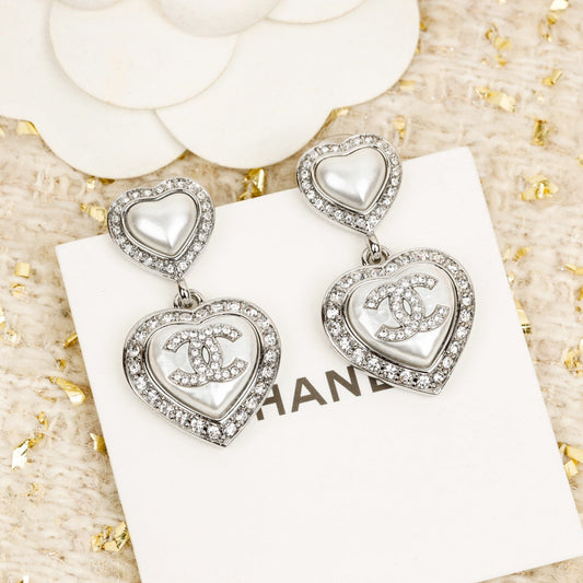 Chanel Double Heart Chanel Diamonds Silver Earrings