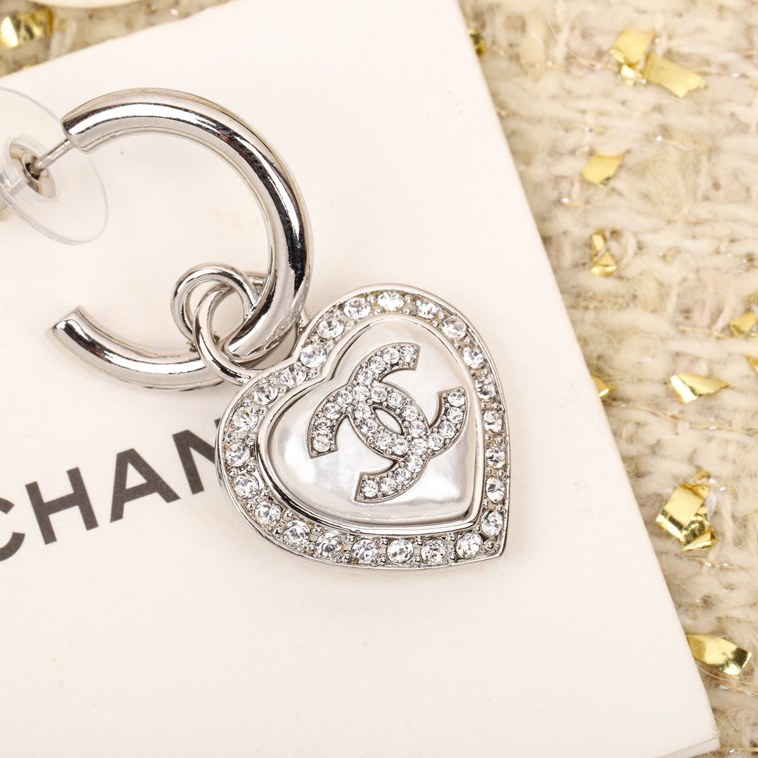 Chanel Double C Drop Heart Silver Diamonds Earrings