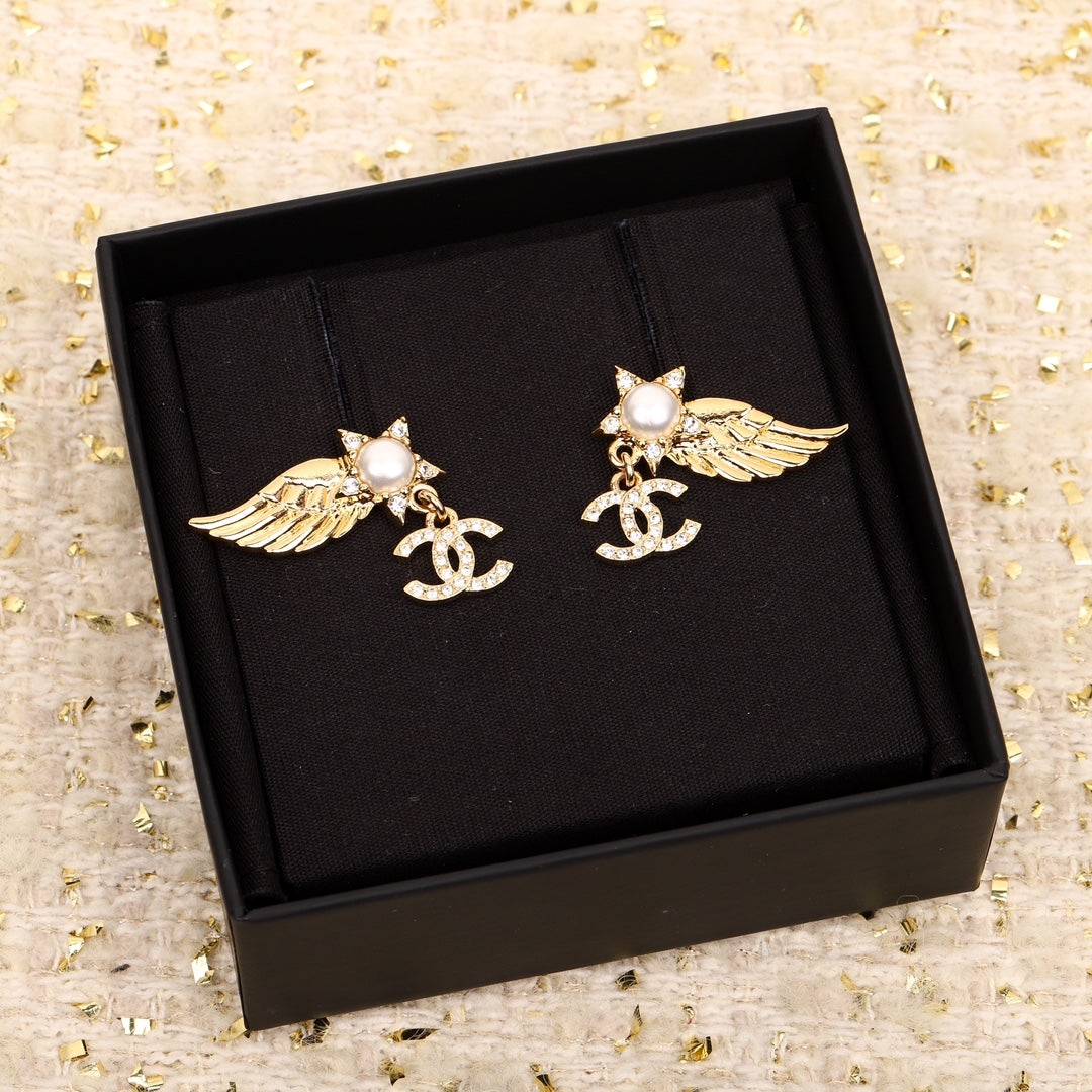 Chanel Wing Double C Gold Diamonds Earrings