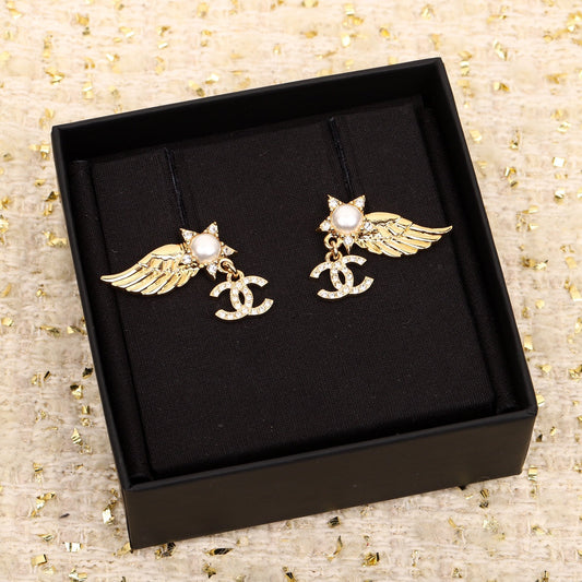 Chanel Wing Double C Gold Diamonds Earrings