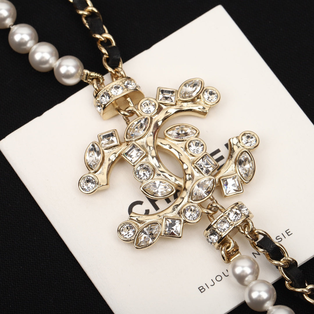 Chanel Pearls And Leather Straps Gold Necklace Type 1