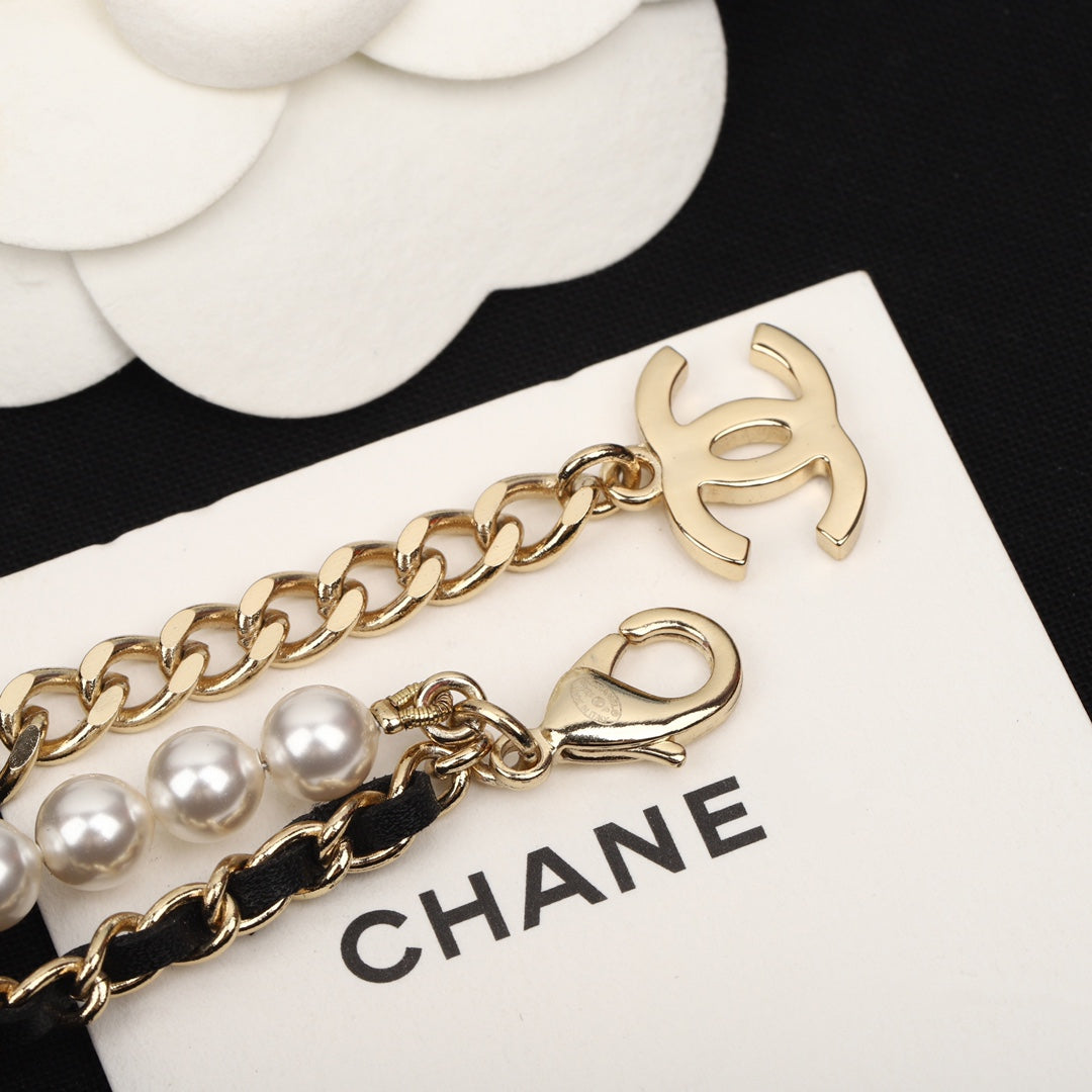 Chanel Pearls And Leather Straps Gold Necklace Type 1